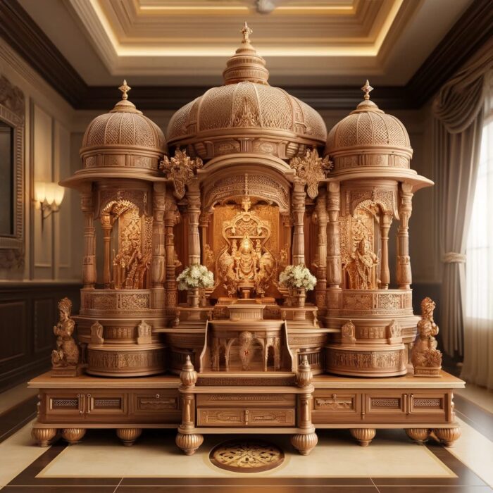 "Handcrafted wooden temple with intricate carvings, gold accents, and storage drawers for home worship."