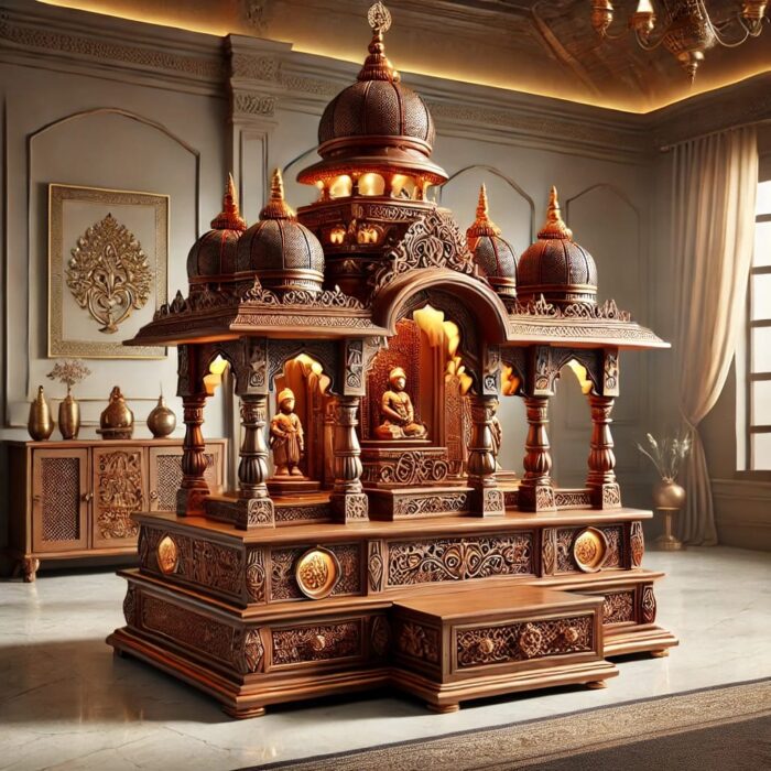 Grand wooden mandir with multiple domes, floral carvings, and a premium finish