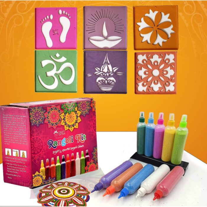Rangoli Kit โ Vibrant Colors & Easy Stencils for Stunning Designs Rangoli Kit with colorful powders, stencils, and applicator bottles for creating beautiful festive designs.