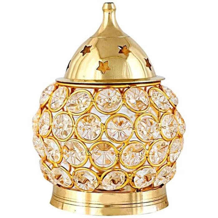 Gold-Plated Crystal Akhand Diya for Pooja & Home Décor Gold-plated Akhand Diya with crystal embellishments for pooja and home décor