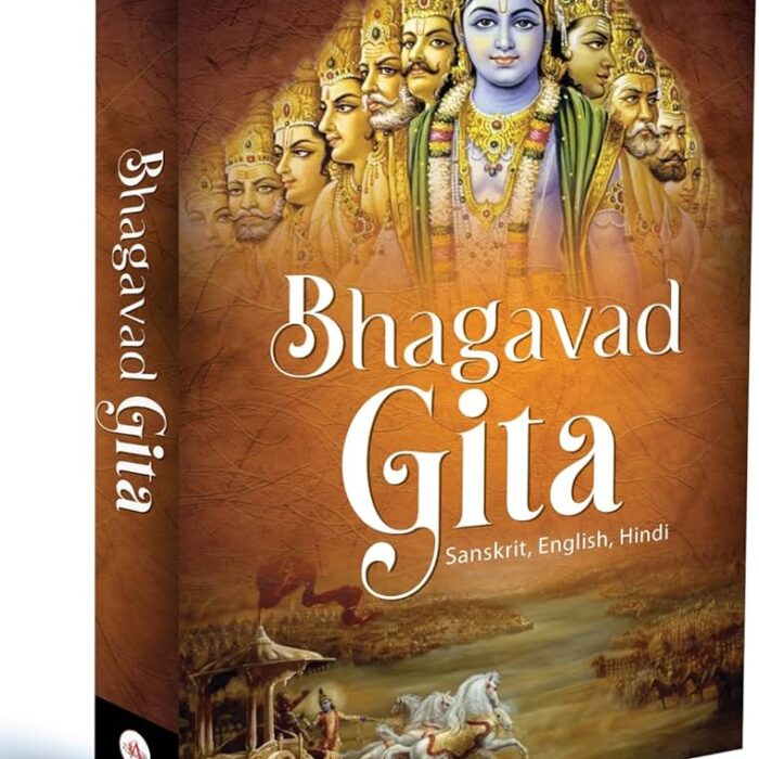 Bhagavad Gita – Divine Teachings of Lord Krishna Bhagavad Gita book with Sanskrit, Hindi & English translations featuring Lord Krishna & Arjuna on the cover.