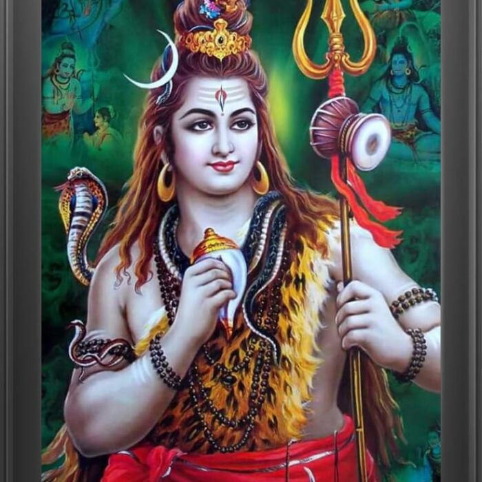 High-definition framed wall art of Lord Shiva holding Trishul, Damru, and Shankh, adorned with Rudraksha beads and a serpent, with a vibrant green divine background.
