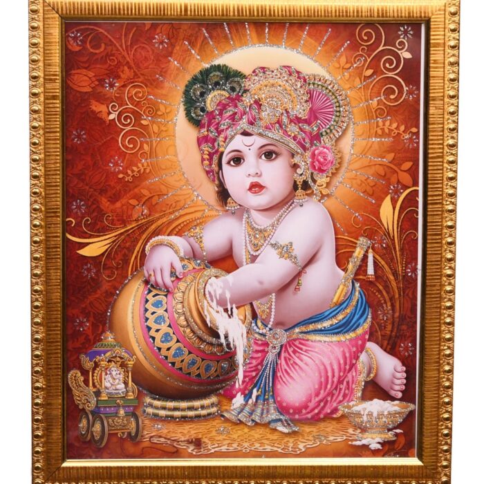 Divine Bal Krishna Framed Artwork – Makhan Chor Picture for Home & Temple Framed picture of Baby Krishna (Makhan Chor) playing with butter, adorned with intricate embellishments and a golden frame.