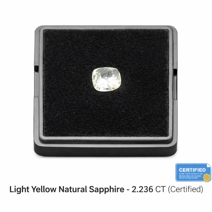 Light Yellow Natural Sapphire 2.236CT Certified Cushion Cut Pukhraj Gemstone Light Yellow Natural Sapphire 2.236 carat certified gemstone cushion cut for astrology and jewelry use